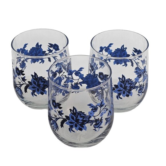 3 Royal Norfolk Blue Floral Juice Glasses Set 16oz black accent flowers 4" - Picture 3 of 8